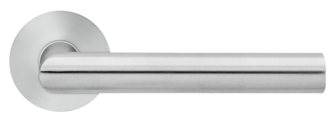 Maniglia KARCHER DESIGN modello RHODOS per porta interna su rosetta e bocchetta bassa con foro normale in acciaio inox satinato